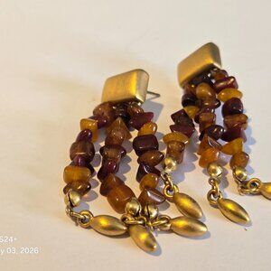 Brushed Gold & Amber Pierced Earrings